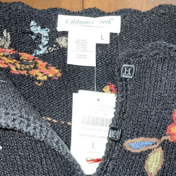 Coldwater Creek L Black Floral Embroidered Cardigan Sweater NWT - Picture 5 of 5